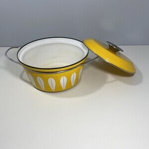 Vintage MCM Cathrineholm 8.5" Pot With Lid Lotus Yellow Norway, See Measurements